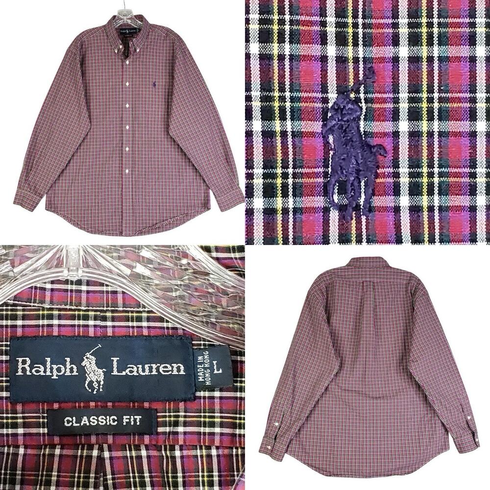 Polo Ralph Lauren Shirt Oxford Men's Large Pink Purple Plaid LS Button Down
